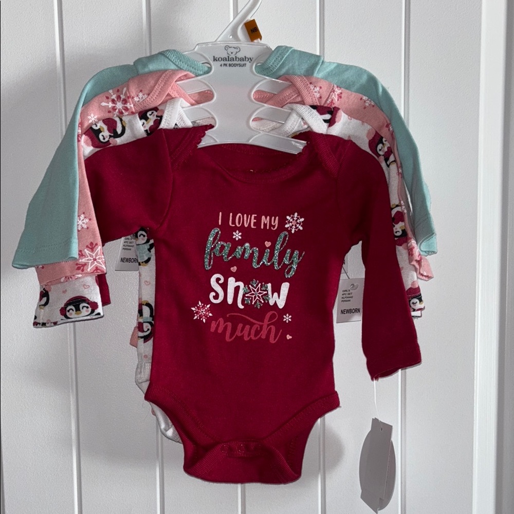 NEW! Newborn, 4-piece, long sleeve Penguin Christmas Winter baby girl shirts
